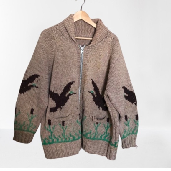 Other - Vintage Handmade Knit Chunky Wool Ducks Motif Wool Shawl Collar Sweater Large